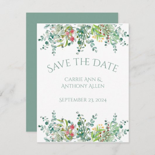 Elegant Rustic Eucalyptus Floral Save the Date (Voorkant / Achterkant)