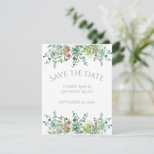 Elegant Rustic Eucalyptus Floral Save the Date (Staand voorkant)