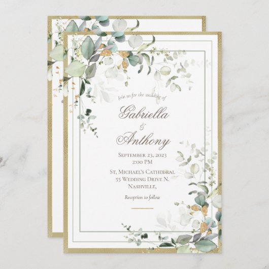 Elegant Rustic Eucalyptus Greenery Gold Wedding Kaart (Voorkant / Achterkant)