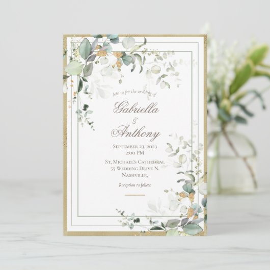Elegant Rustic Eucalyptus Greenery Gold Wedding Kaart (Staand voorkant)