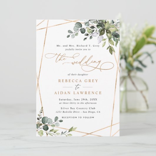 Elegant Rustic Eucalyptus Greenery Gold Wedding Kaart (Staand voorkant)