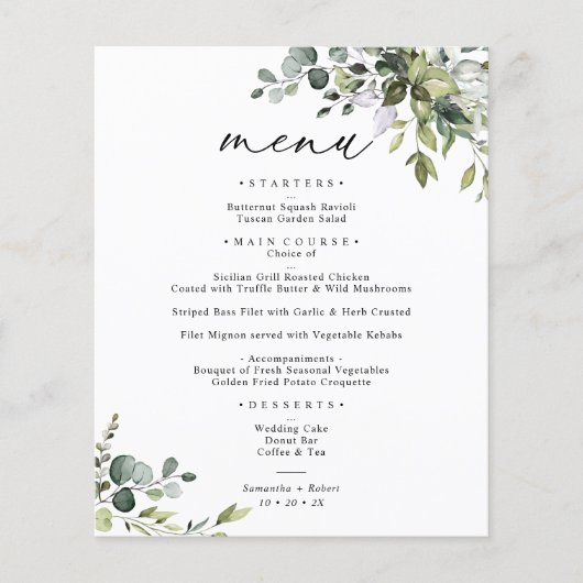 Elegant Rustic Eucalyptus Greenery Wedding Menu (Voorkant)