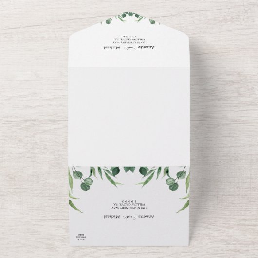 Elegant Rustic Eucalyptus Leaves Greenery Wedding All In One Uitnodiging (Buitenkant)