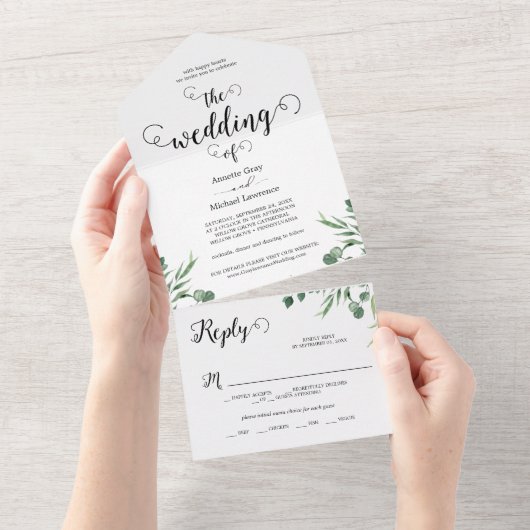 Elegant Rustic Eucalyptus Leaves Greenery Wedding All In One Uitnodiging (Afscheurbaar)