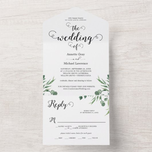 Elegant Rustic Eucalyptus Leaves Greenery Wedding All In One Uitnodiging (Binnen)