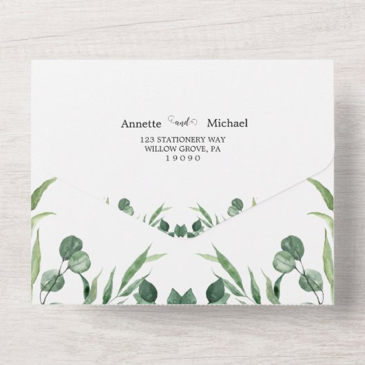 Elegant Rustic Eucalyptus Leaves Greenery Wedding All In One Uitnodiging (Achterkant)