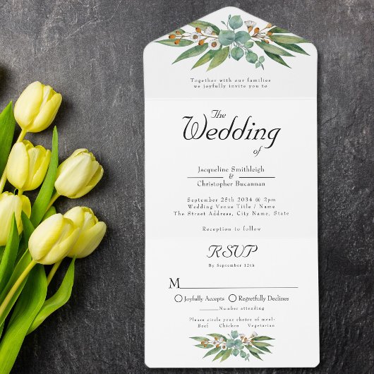 Elegant Rustic Eucalyptus Leaves Greenery Wedding All In One Uitnodiging