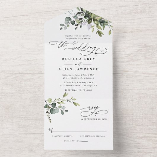Elegant Rustic Eucalyptus Leaves Greenery Wedding All In One Uitnodiging (Binnen)