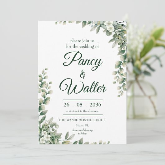 Elegant Rustic Eucalyptus Leaves Greenery Wedding Kaart (Staand voorkant)