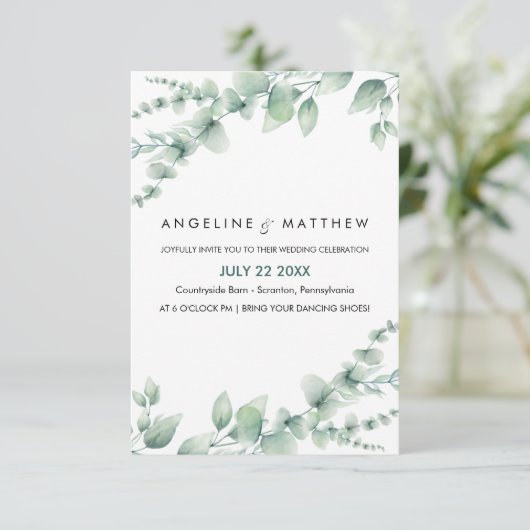 Elegant Rustic Eucalyptus Leaves Greenery Wedding Kaart (Staand voorkant)