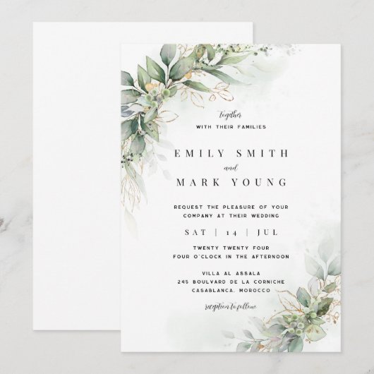 Elegant Rustic Eucalyptus Leaves Wedding Kaart (Voorkant / Achterkant)