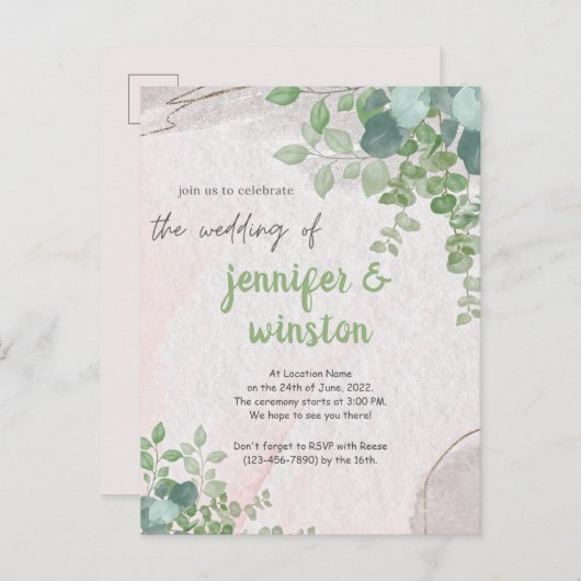 Elegant Rustic Eucalyptus Leaves Wedding Uitnodiging Briefkaart (Voorkant / Achterkant)