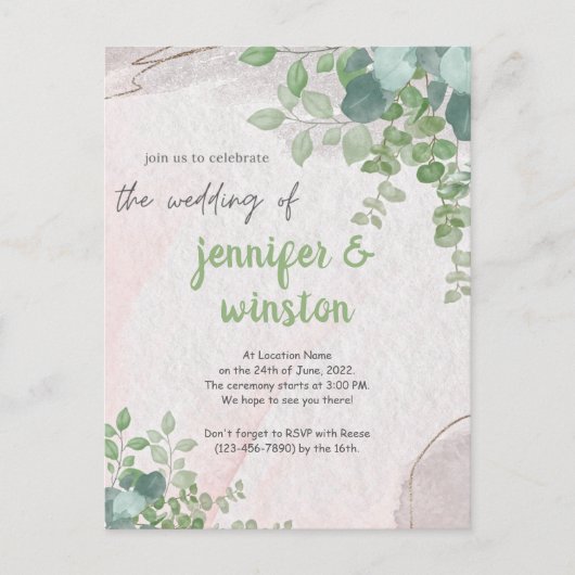 Elegant Rustic Eucalyptus Leaves Wedding Uitnodiging Briefkaart (Voorkant)