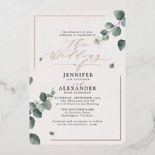Elegant Rustic Eucalyptus Script Wedding Roos Folie Uitnodiging (Voorkant)