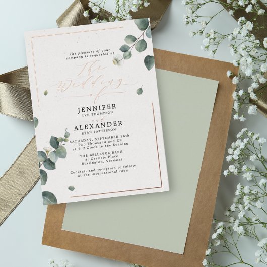 Elegant Rustic Eucalyptus Script Wedding Roos Folie Uitnodiging