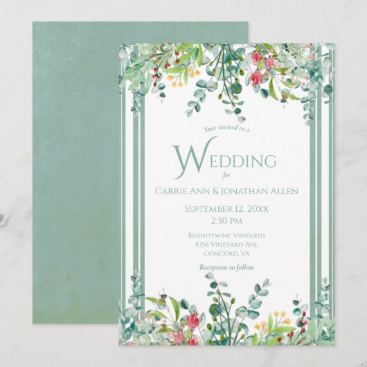Elegant Rustic Eucalyptus Waterverf Wedding Uitnod Kaart (Voorkant / Achterkant)