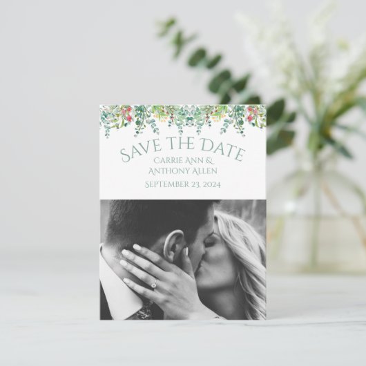 Elegant Rustic Floral Foto slaat de datum op (Staand voorkant)