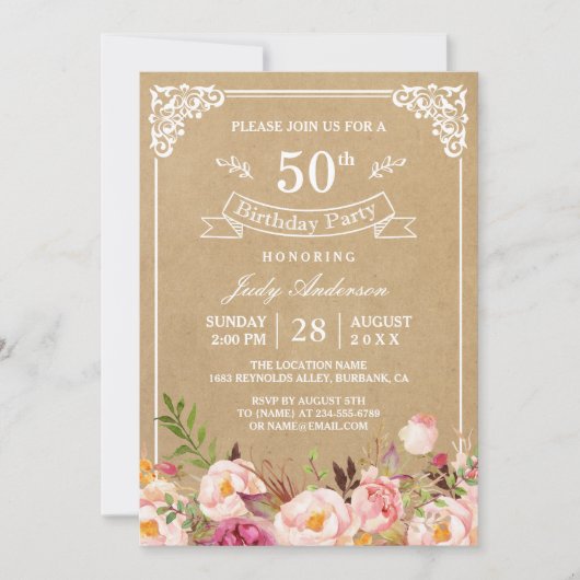 Elegant  Rustic Floral Kraft Birthday Party Kaart (Voorkant)