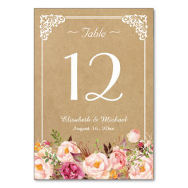 Elegant Rustic Floral Kraft Wedding Table Number Kaart