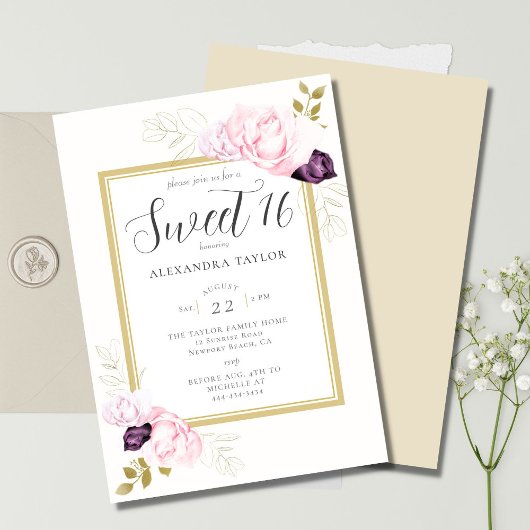 Elegant Rustic Floral Lijst Rozen Gold Sweet 16 Kaart