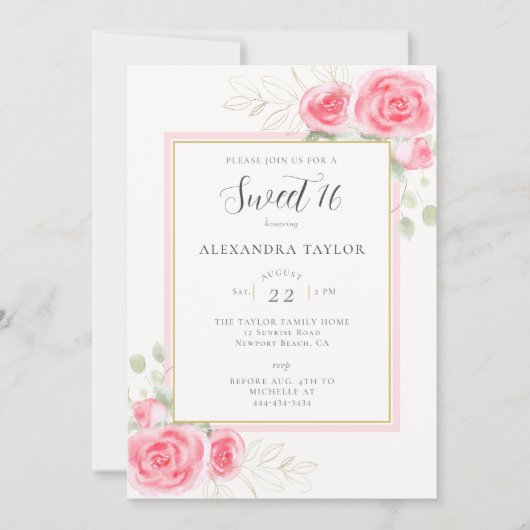 Elegant Rustic Floral Lijst Rozen Script Sweet 16 Kaart (Voorkant)