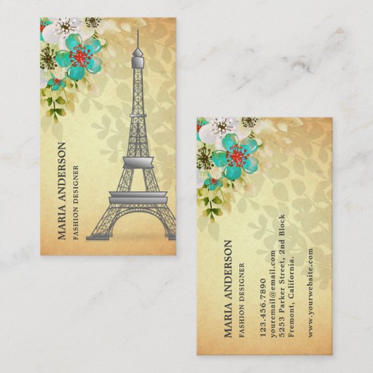Elegant  Rustic Floral Paris Eiffel Tower Visitekaartje (Voorkant / Achterkant)