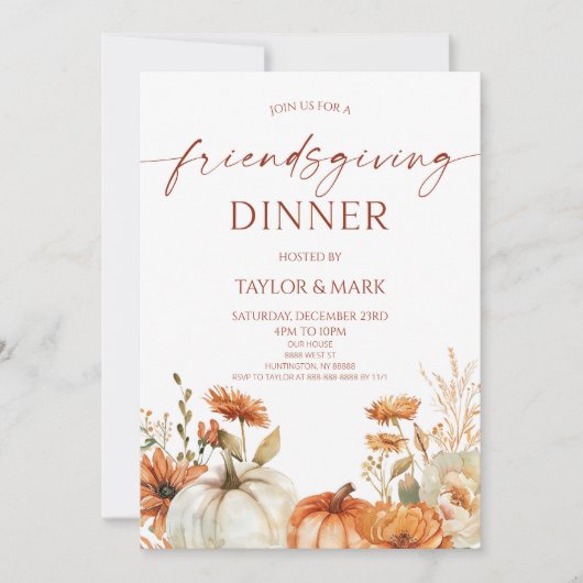 Elegant Rustic Floral Pumpkin Friendsgiving Dinner Kaart (Voorkant)
