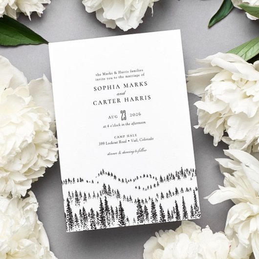 Elegant Rustic Forest Mountain Sketch Wedding Kaart