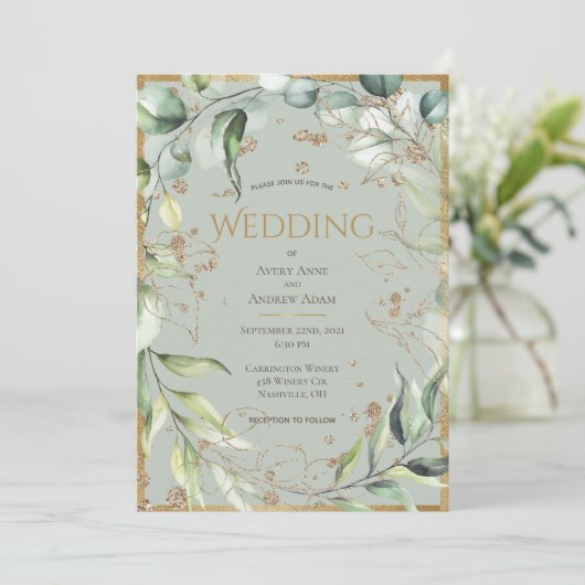 Elegant Rustic Gold Eucalyptus Wedding Kaart (Staand voorkant)