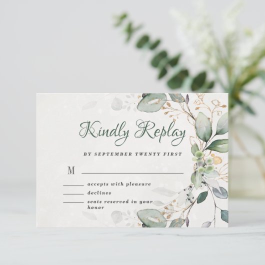 Elegant Rustic Gold Greenery Eucalyptus Modern RSVP Kaartje (Staand voorkant)