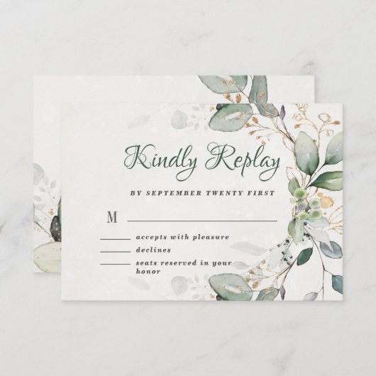 Elegant Rustic Gold Greenery Eucalyptus Modern RSVP Kaartje (Voorkant / Achterkant)