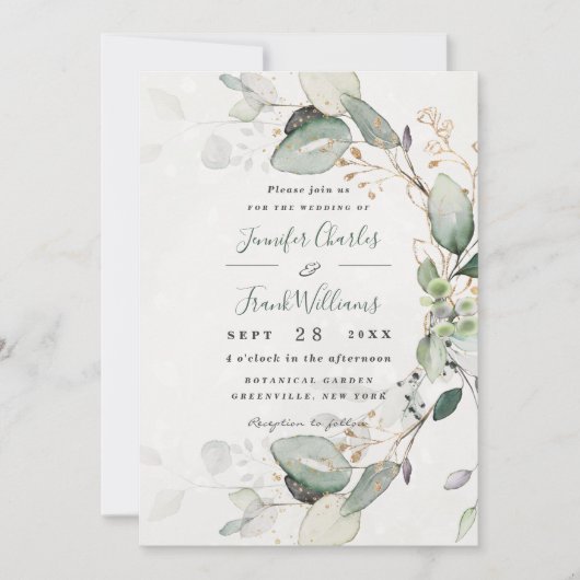 Elegant Rustic Gold Greenery Eucalyptus Wedding Kaart (Voorkant)