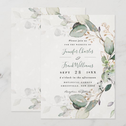 Elegant Rustic Gold Greenery Eucalyptus Wedding Kaart (Voorkant / Achterkant)