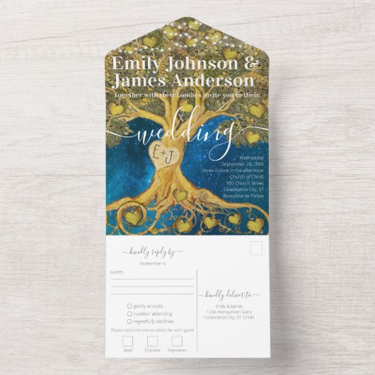 Elegant Rustic Gold Heart Leaf Tree Wedding All In One Uitnodiging (Binnen)