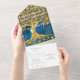 Elegant Rustic Gold Heart Leaf Tree Wedding All In One Uitnodiging