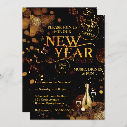 Elegant Rustic Gold New Years Eve Party Kaart (Voorkant / Achterkant)