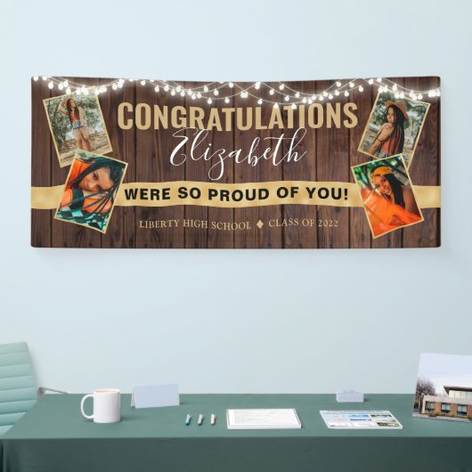 Elegant Rustic Gold Photo Collage Afstuderen Spandoek (Beurs)