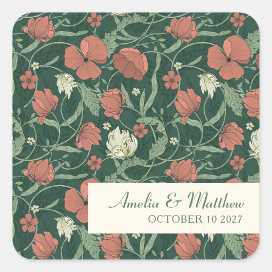 Elegant Rustic Green Floral Custom Wedding Vierkante Sticker (Voorkant)