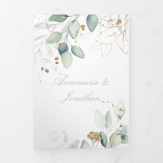 Elegant Rustic Green & Gold Eucalyptus Wedding Drieluik Kaart (Cover)