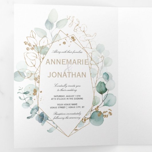 Elegant Rustic Green & Gold Eucalyptus Wedding Drieluik Kaart (Binnenzijde eerst)