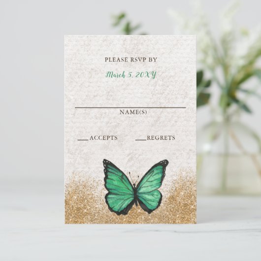 Elegant Rustic Green Gold RSVP Kaartje (Staand voorkant)