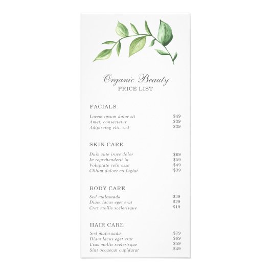 Elegant Rustic Greenery Beauty Salon-prijslijst Reclamekaart (Voorkant)
