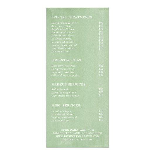 Elegant Rustic Greenery Beauty Salon-prijslijst Reclamekaart (Achterkant)