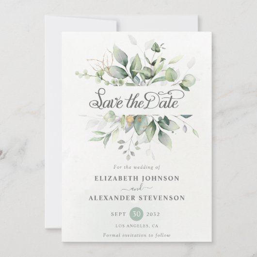 Elegant Rustic greenery eucalyptus leaf bruiloft Save The Date (Voorkant)