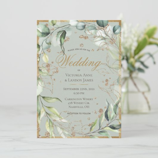 Elegant Rustic Greenery Gold Eucalyptus Wedding Kaart (Staand voorkant)