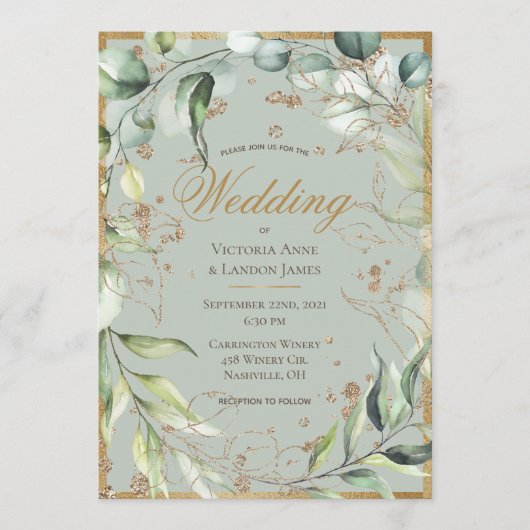 Elegant Rustic Greenery Gold Eucalyptus Wedding Kaart (Voorkant)