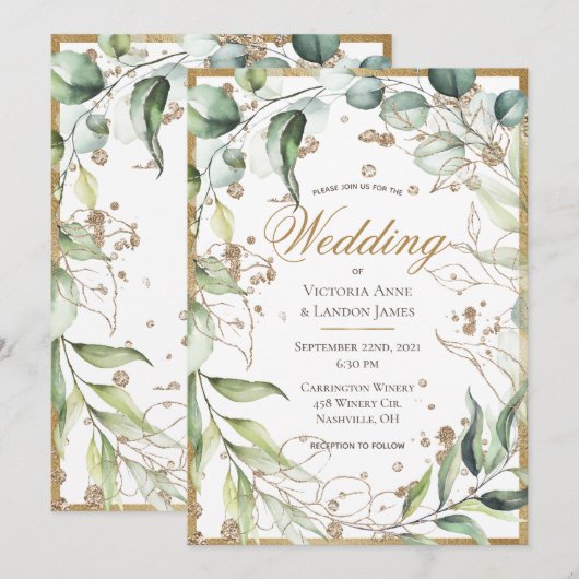 Elegant Rustic Greenery Gold Glitter Wedding Kaart (Voorkant / Achterkant)