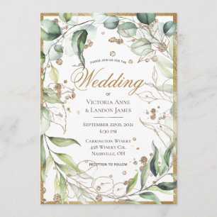 Elegant Rustic Greenery Gold Glitter Wedding Kaart