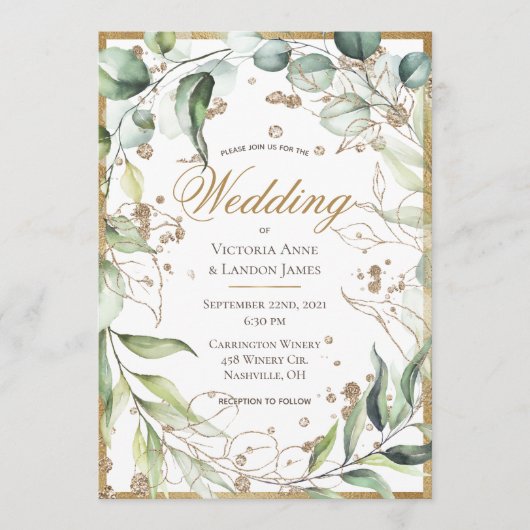 Elegant Rustic Greenery Gold Glitter Wedding Kaart (Voorkant)