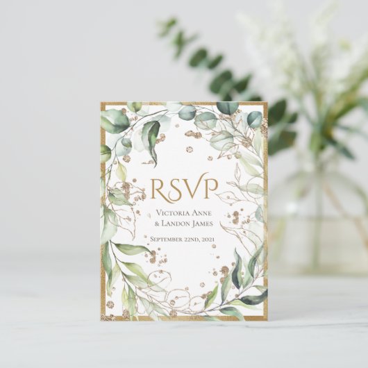 Elegant Rustic Greenery Gold Glitter Wedding RSVP Briefkaart (Staand voorkant)